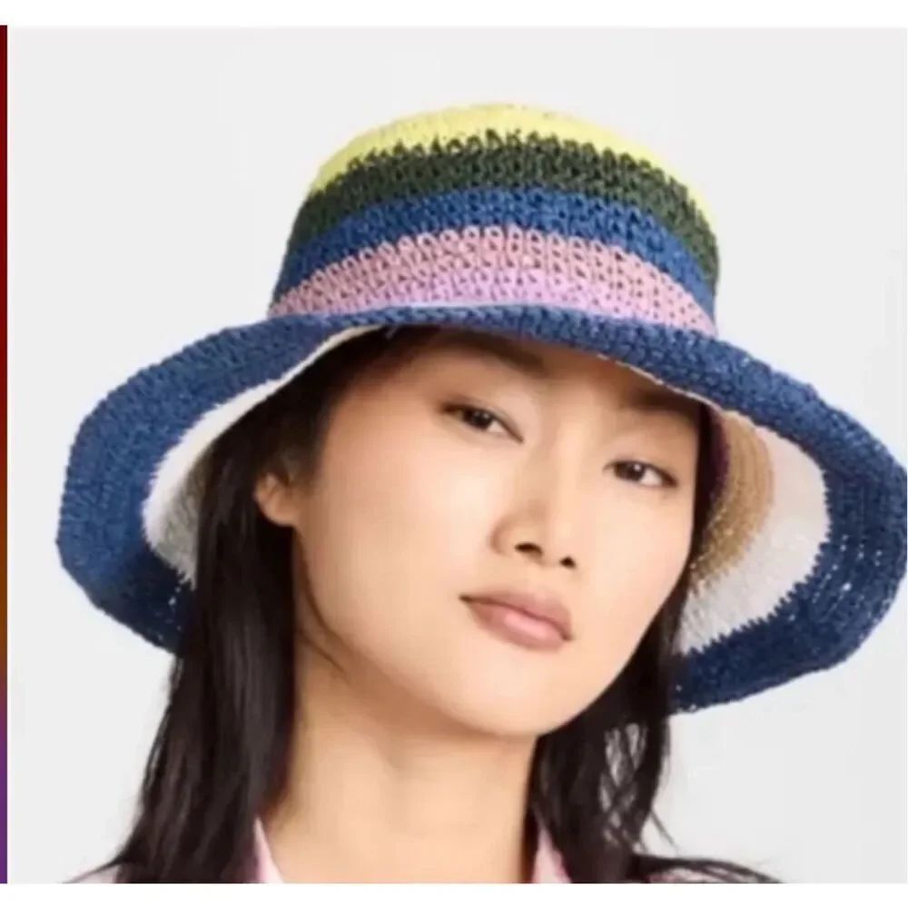 Hat Attack Remi Multi Colored Bucket Hat Navy Stripe Revolove Boho Nwt